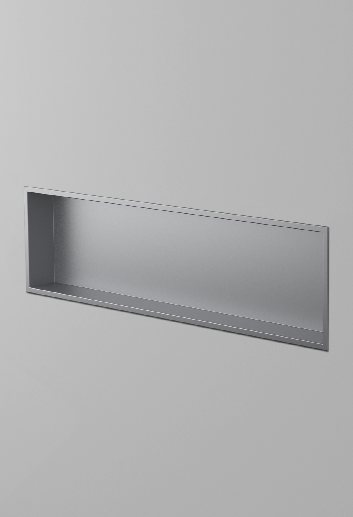 Alba wall niche, 12 × 48 in, matte gray, recessed in a plain gray wall, three-quarter view