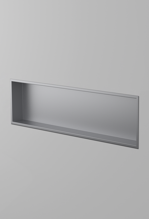Alba wall niche, 12 × 48 in, matte gray, recessed in a plain gray wall, three-quarter view