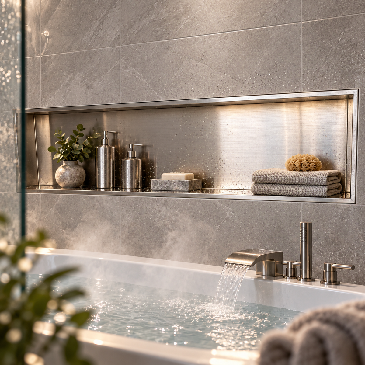 Alba wall niche, 12 × 48 in, brushed stainless steel, recessed in a shower wall, bottles and soap stored inside