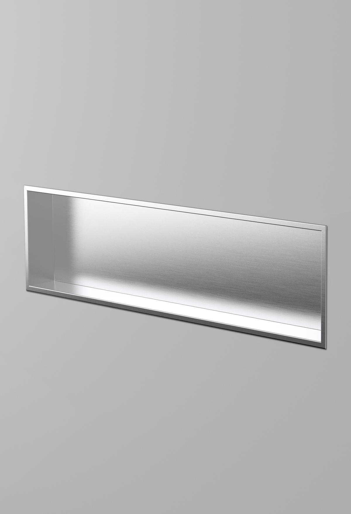 Alba wall niche, 12 × 48 in, brushed stainless steel, recessed in a plain gray wall, three-quarter view