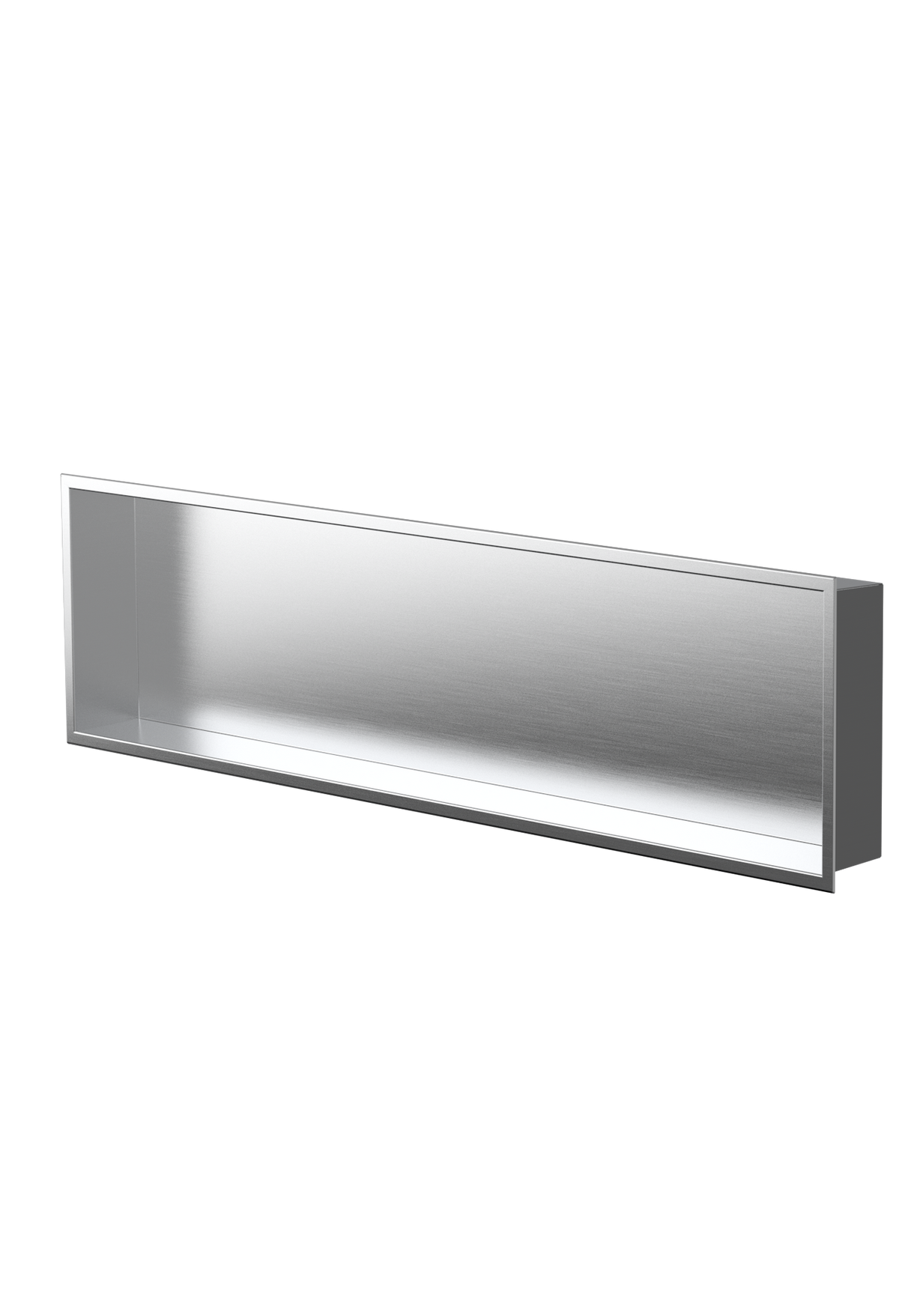 Alba wall niche, 12 × 48 in, brushed stainless steel, three-quarter view on a transparent background