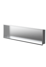 Alba wall niche, 12 × 48 in, brushed stainless steel, three-quarter view on a transparent background