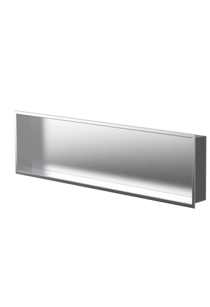 Alba wall niche, 12 × 48 in, brushed stainless steel, three-quarter view on a transparent background