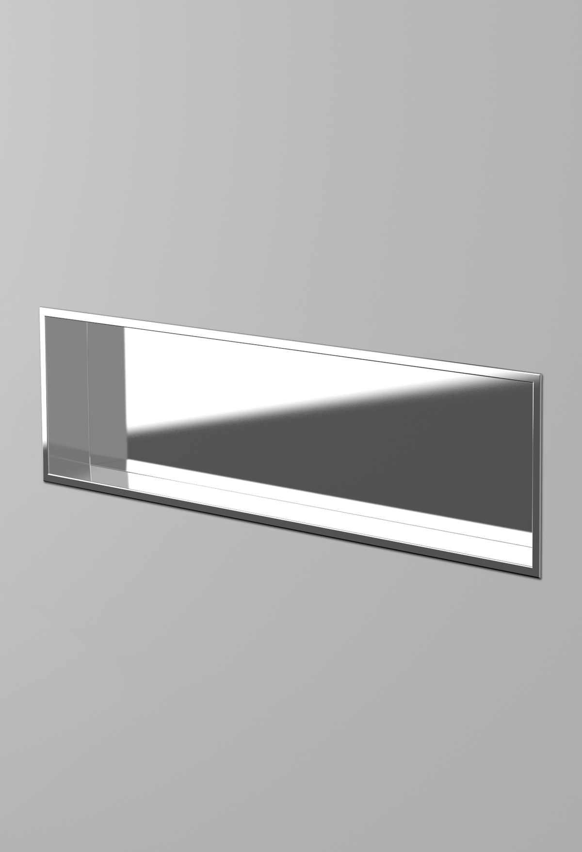 Alba wall niche, 12 × 48 in, mirror finish, recessed in a plain gray wall, three-quarter view
