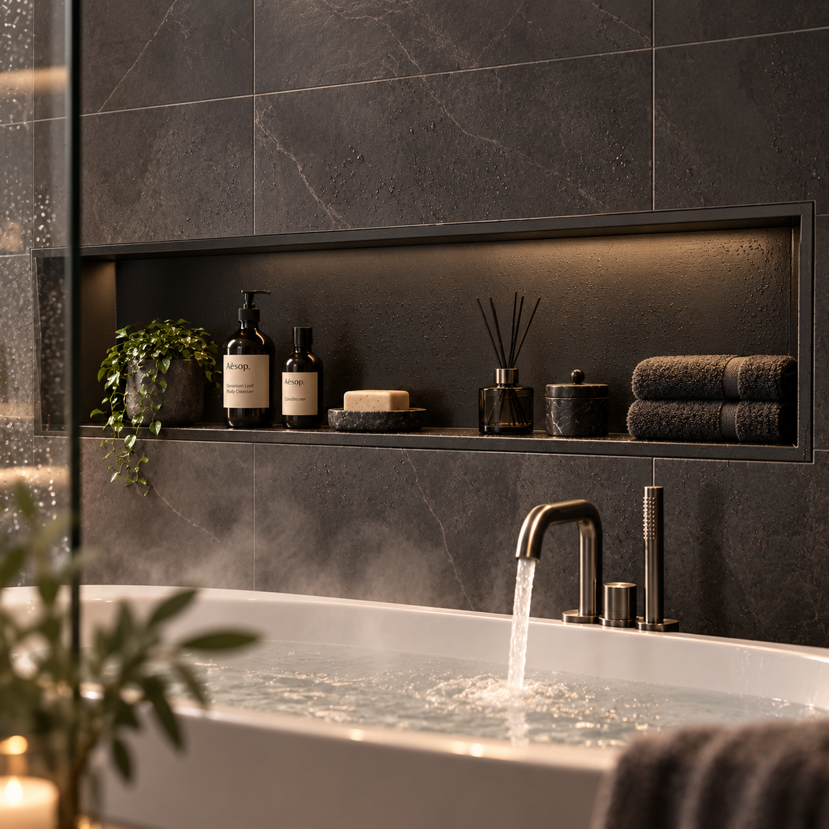 Alba wall niche, 12 × 48 in, matte black, recessed in a shower wall, bottles and soap stored inside