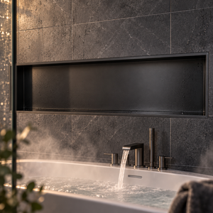 Alba wall niche, 12 × 48 in, matte black, recessed in a wall above a bathtub, empty