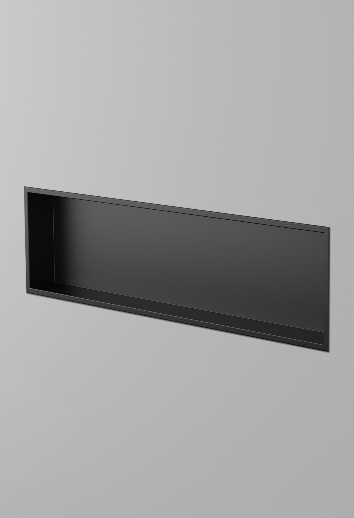 Alba wall niche, 12 × 48 in, matte black, recessed in a plain gray wall, three-quarter view