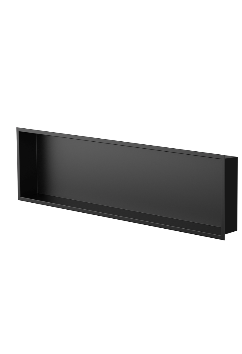 Alba wall niche, 12 × 48 in, matte black, three-quarter view on a transparent background