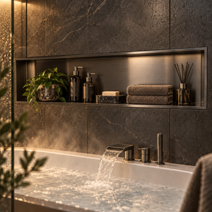 Alba wall niche, 12 × 48 in, black PVD, recessed in a shower wall, bottles and soap stored inside