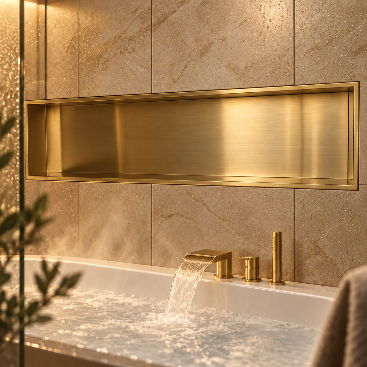 Alba wall niche, 12 × 48 in, gold PVD, recessed in a wall above a bathtub, empty