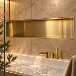 Alba wall niche, 12 × 48 in, gold PVD, recessed in a wall above a bathtub, empty