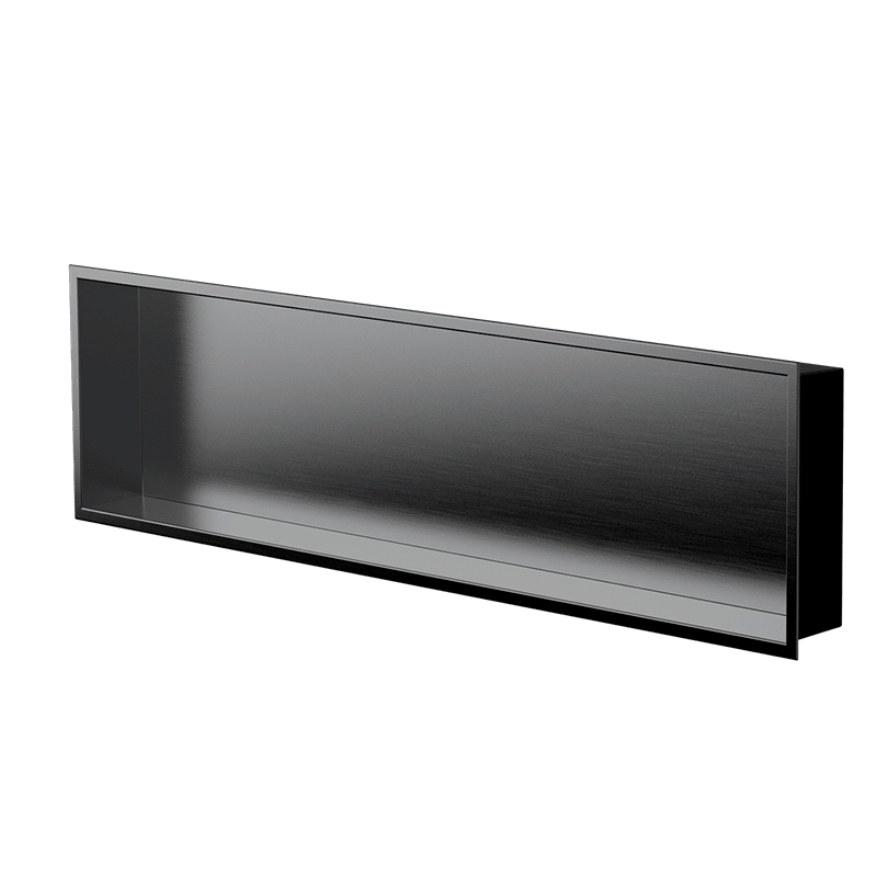 Niche murale Alba 12 × 48 po, fini PVD noir, vue de trois quarts.