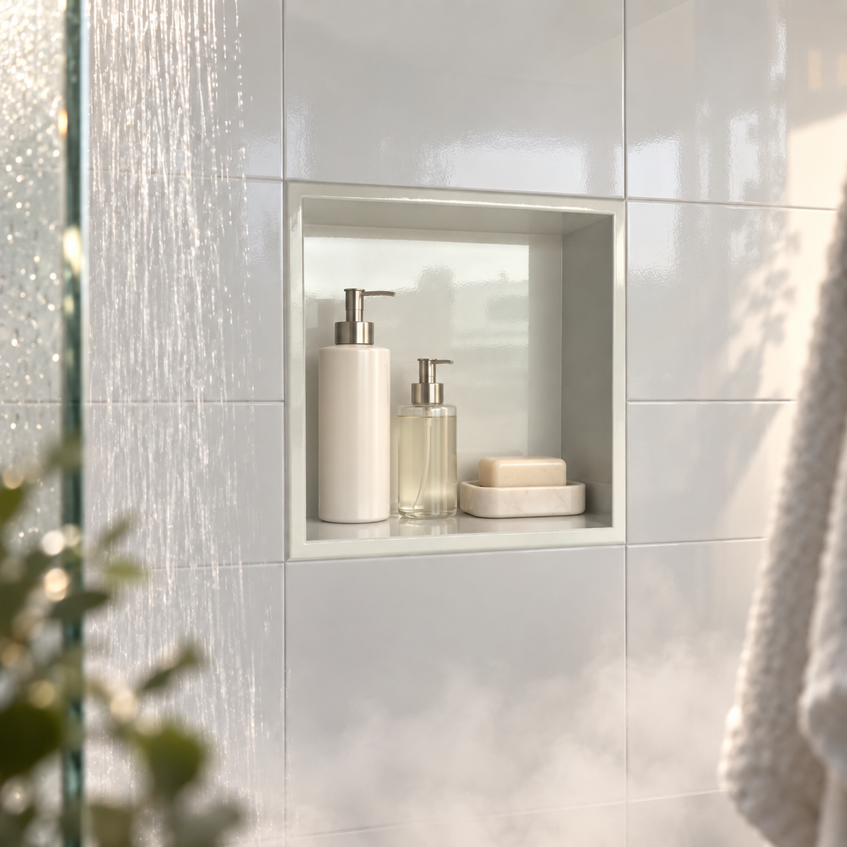 Ally wall niche, 12 × 12 in, glossy white, recessed in a shower wall, bottles and soap stored inside