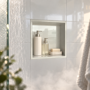 Ally wall niche, 12 × 12 in, glossy white, recessed in a shower wall, bottles and soap stored inside