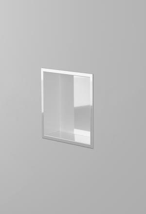 Ally wall niche, 12 × 12 in, glossy white, recessed in a plain gray wall, three-quarter view