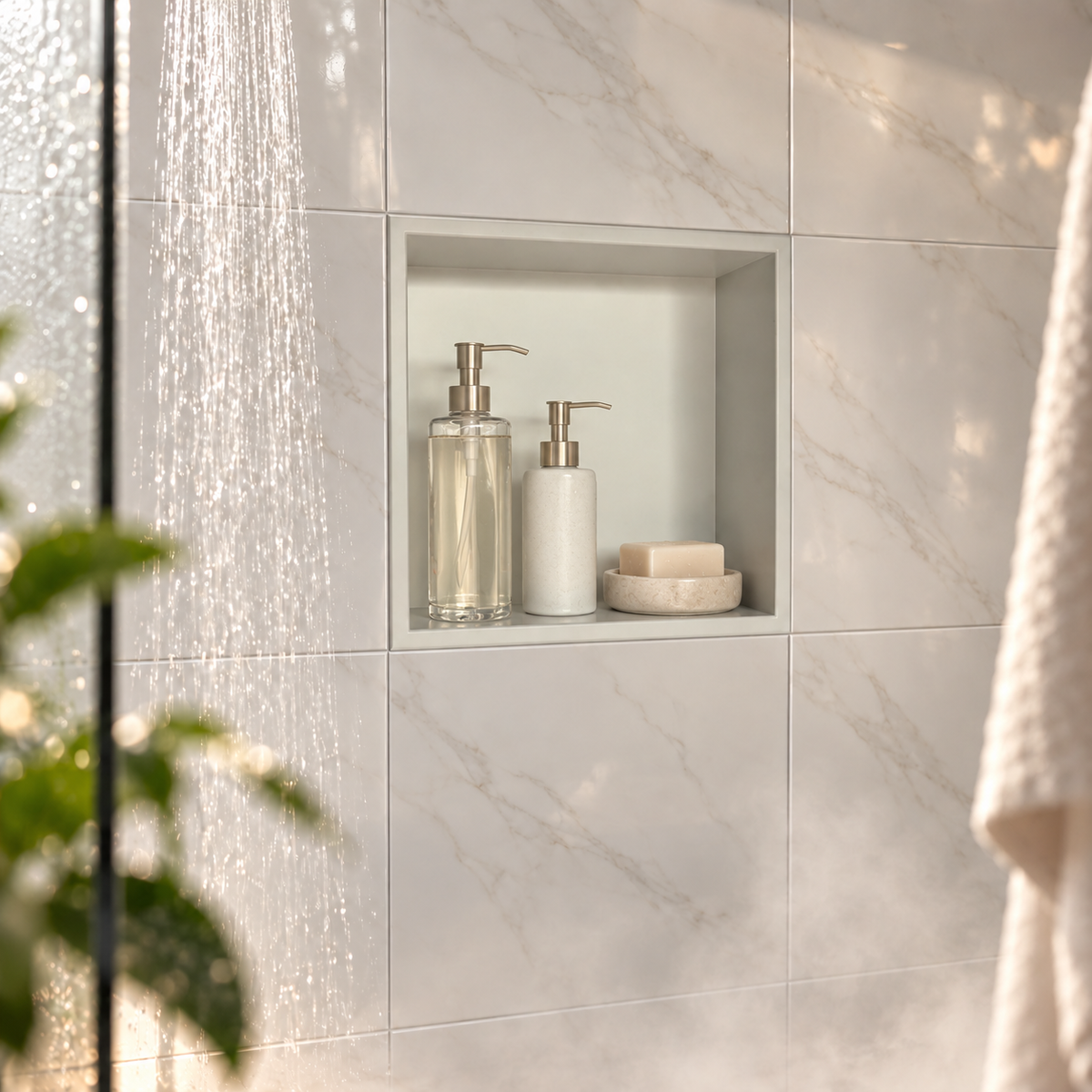 Ally wall niche, 12 × 12 in, matte white, recessed in a shower wall, bottles and soap stored inside