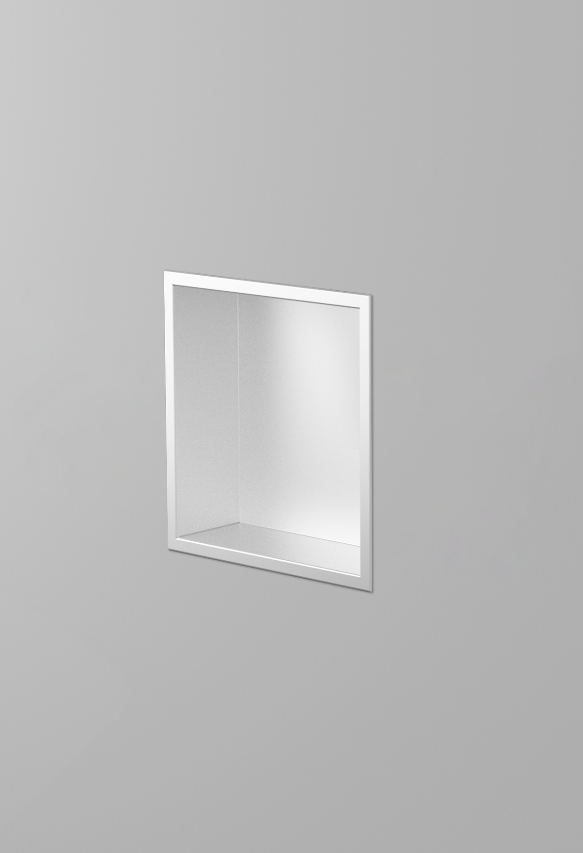 Ally wall niche, 12 × 12 in, matte white, recessed in a plain gray wall, three-quarter view