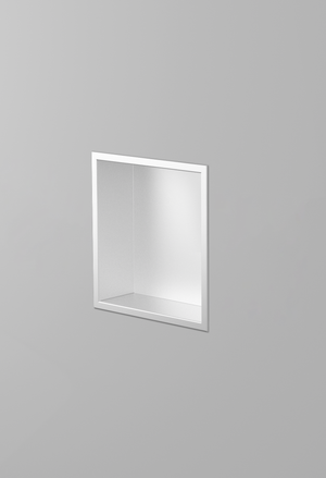 Ally wall niche, 12 × 12 in, matte white, recessed in a plain gray wall, three-quarter view