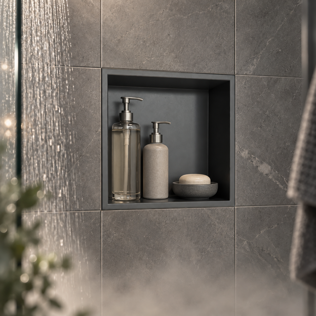 Ally wall niche, 12 × 12 in, matte gray, recessed in a shower wall, bottles and soap stored inside