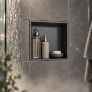 Ally wall niche, 12 × 12 in, matte gray, recessed in a shower wall, bottles and soap stored inside