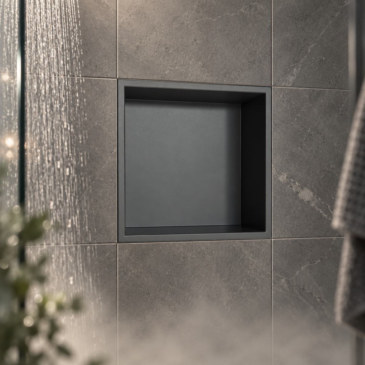 Ally wall niche, 12 × 12 in, matte gray, recessed in a shower wall, empty