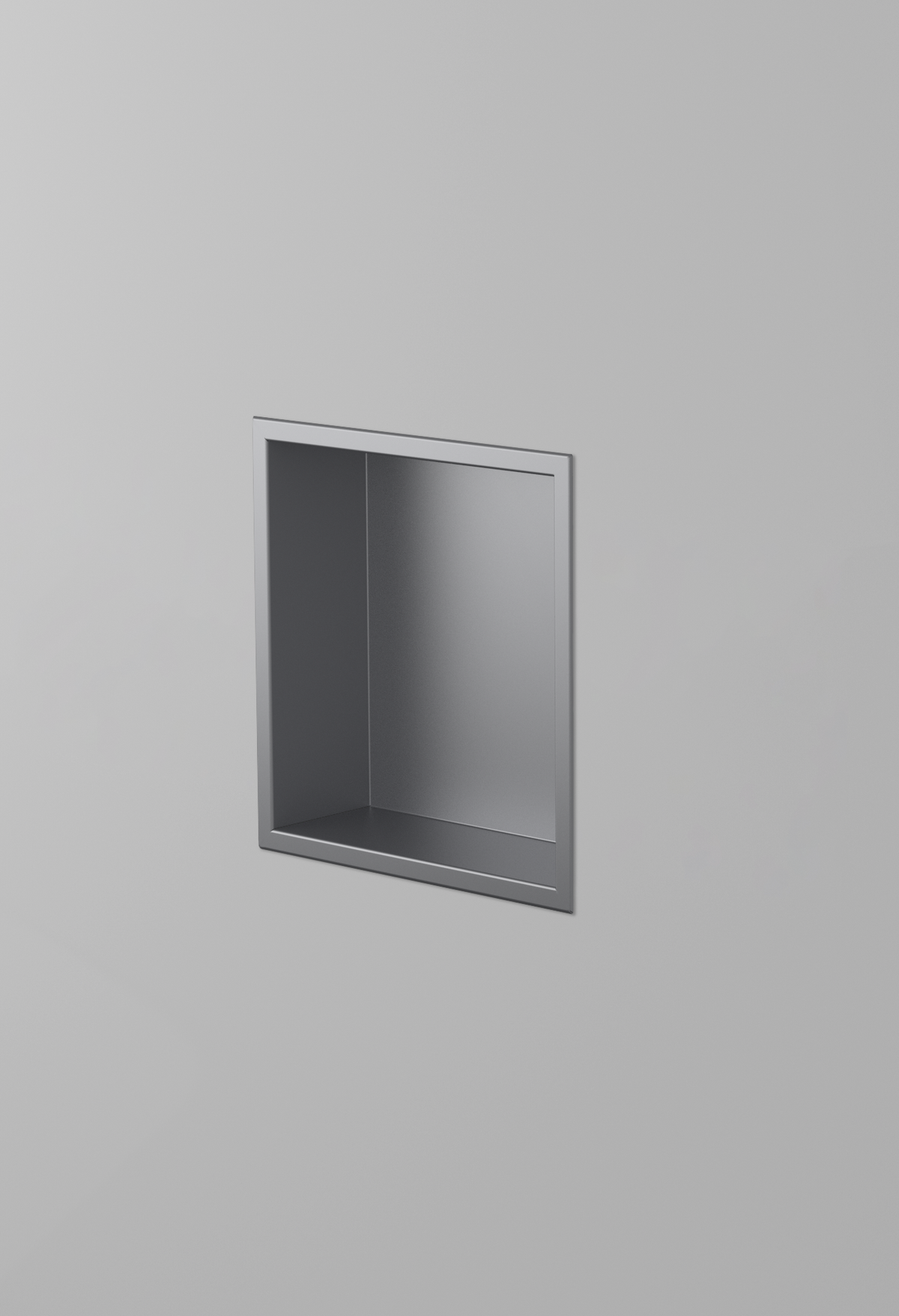 Ally wall niche, 12 × 12 in, matte gray, recessed in a plain gray wall, three-quarter view