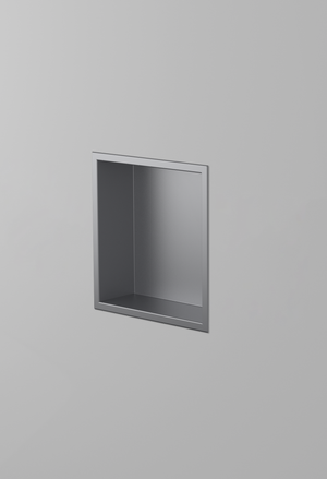 Ally wall niche, 12 × 12 in, matte gray, recessed in a plain gray wall, three-quarter view