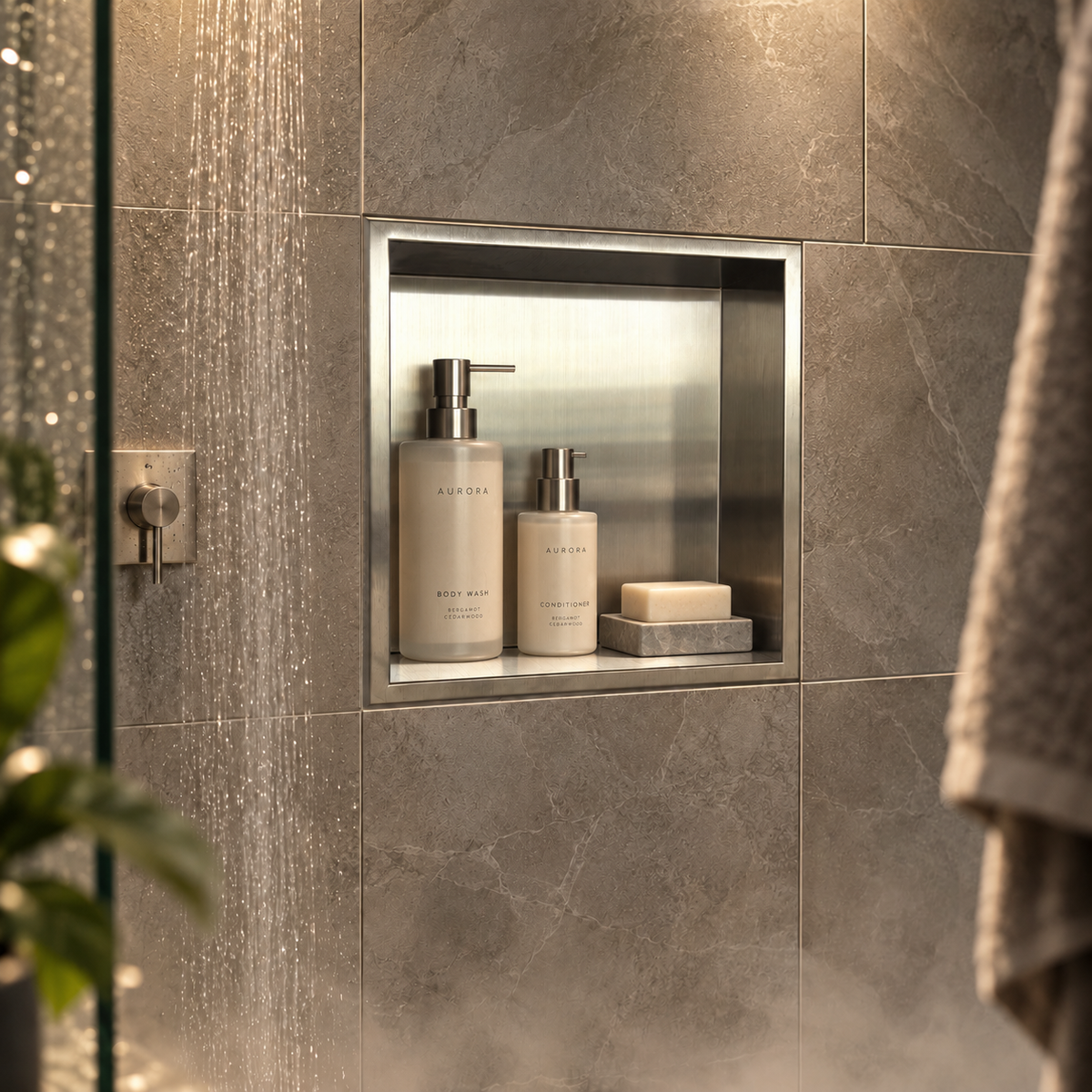 Ally wall niche, 12 × 12 in, brushed stainless steel, recessed in a shower wall, bottles and soap stored inside