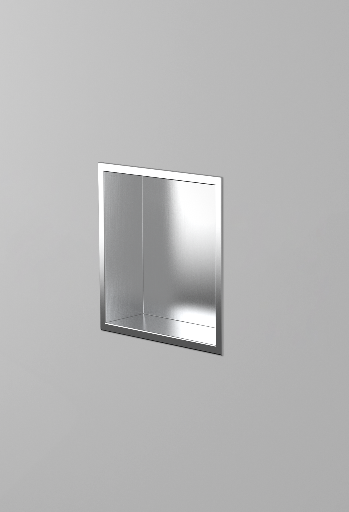Ally wall niche, 12 × 12 in, brushed stainless steel, recessed in a plain gray wall, three-quarter view