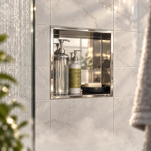 Ally wall niche, 12 × 12 in, mirror finish, recessed in a shower wall, bottles and soap stored inside