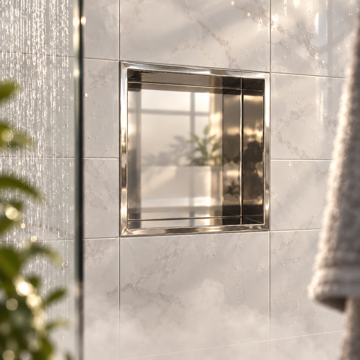 Ally wall niche, 12 × 12 in, mirror finish, recessed in a shower wall, empty