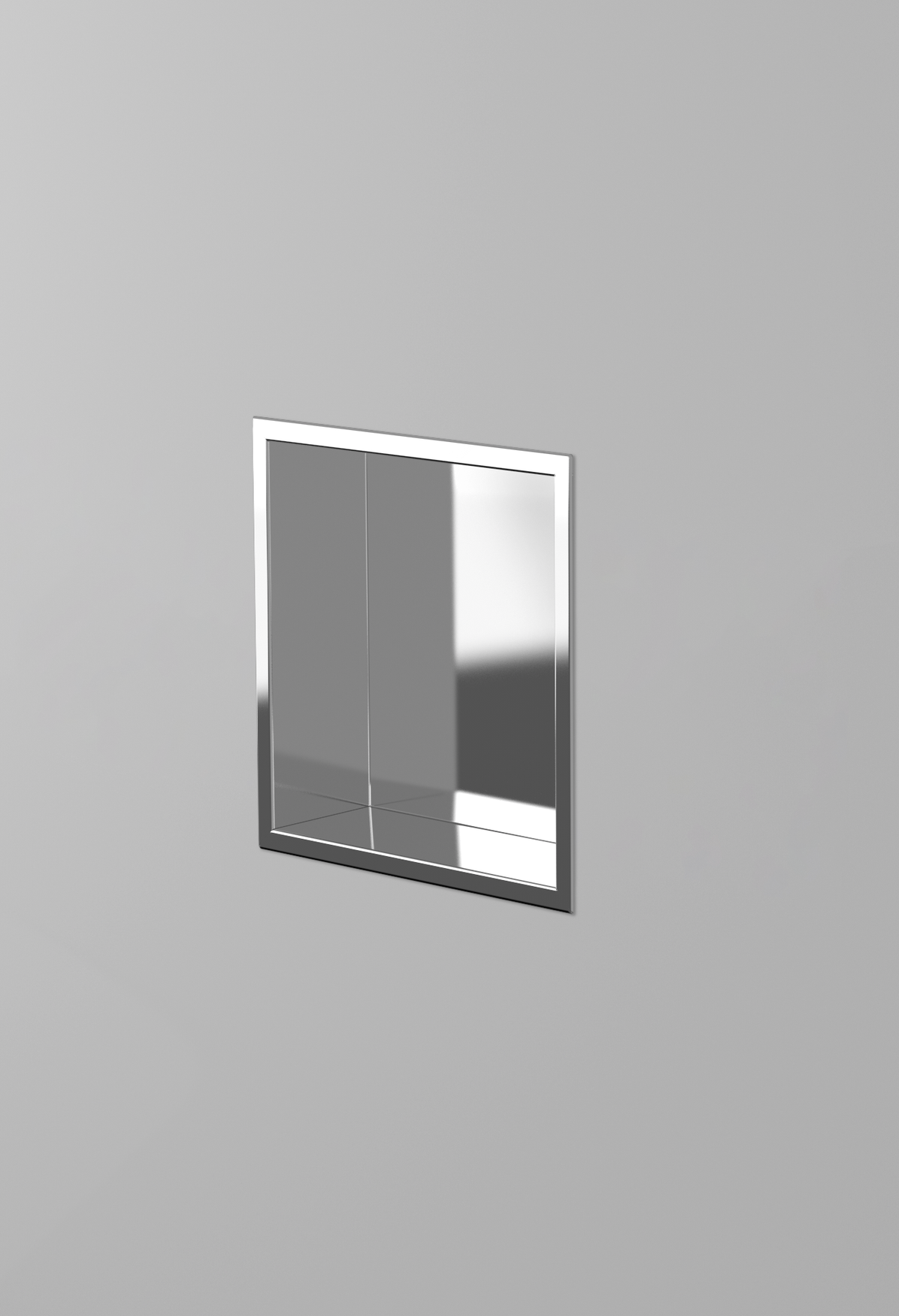Ally wall niche, 12 × 12 in, mirror finish, recessed in a plain gray wall, three-quarter view