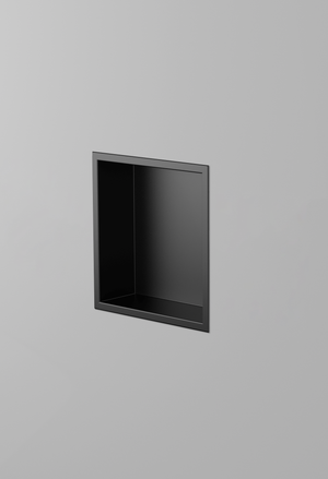 Ally wall niche, 12 × 12 in, matte black, recessed in a plain gray wall, three-quarter view