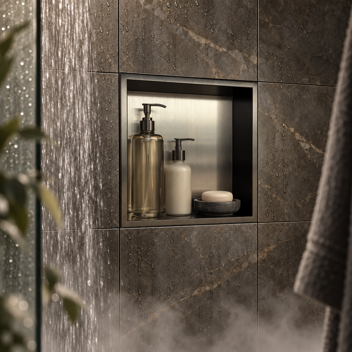 Ally wall niche, 12 × 12 in, black PVD, recessed in a shower wall, bottles and soap stored inside