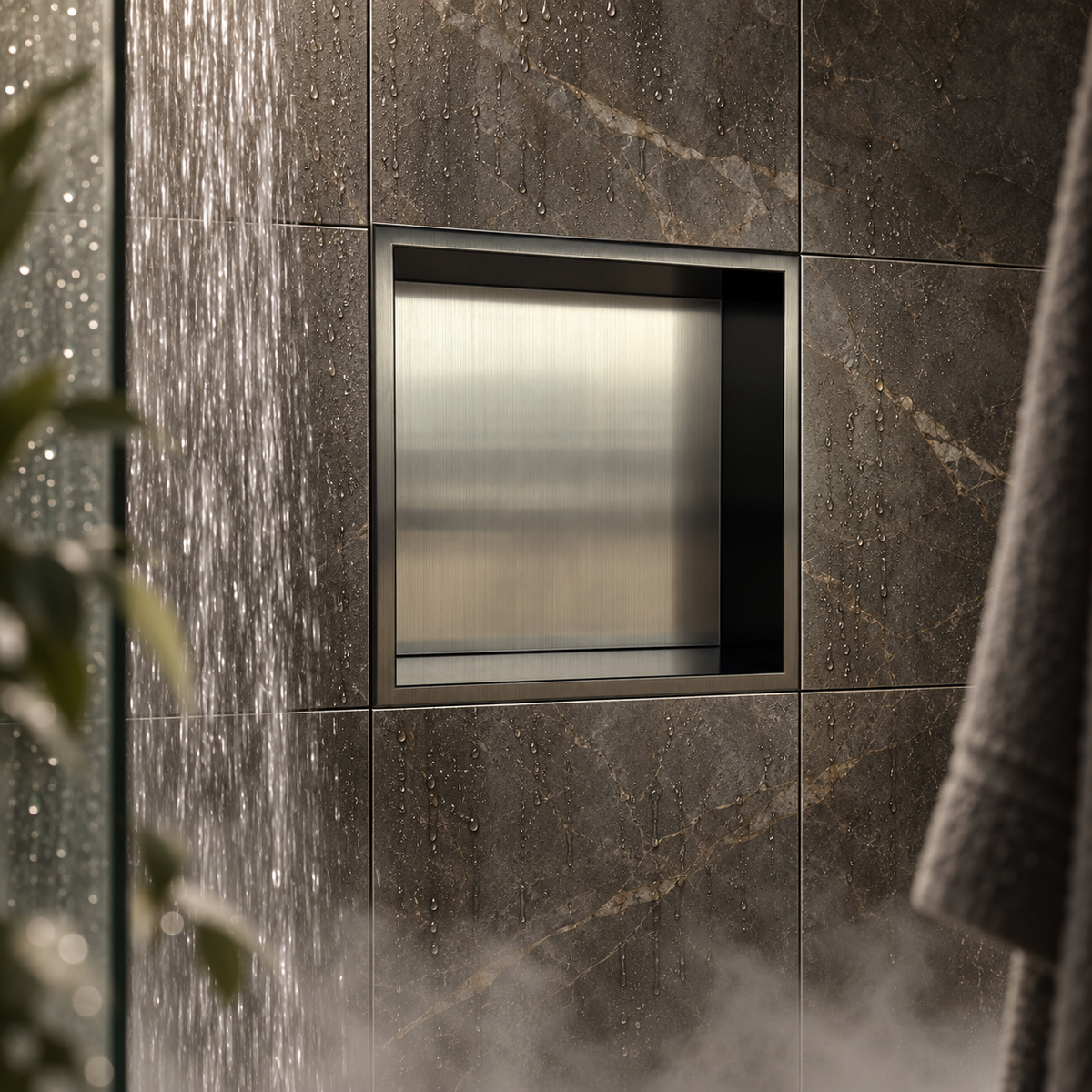 Ally wall niche, 12 × 12 in, black PVD, recessed in a shower wall, empty