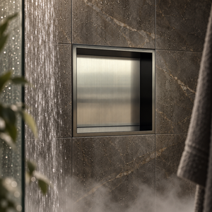Ally wall niche, 12 × 12 in, black PVD, recessed in a shower wall, empty
