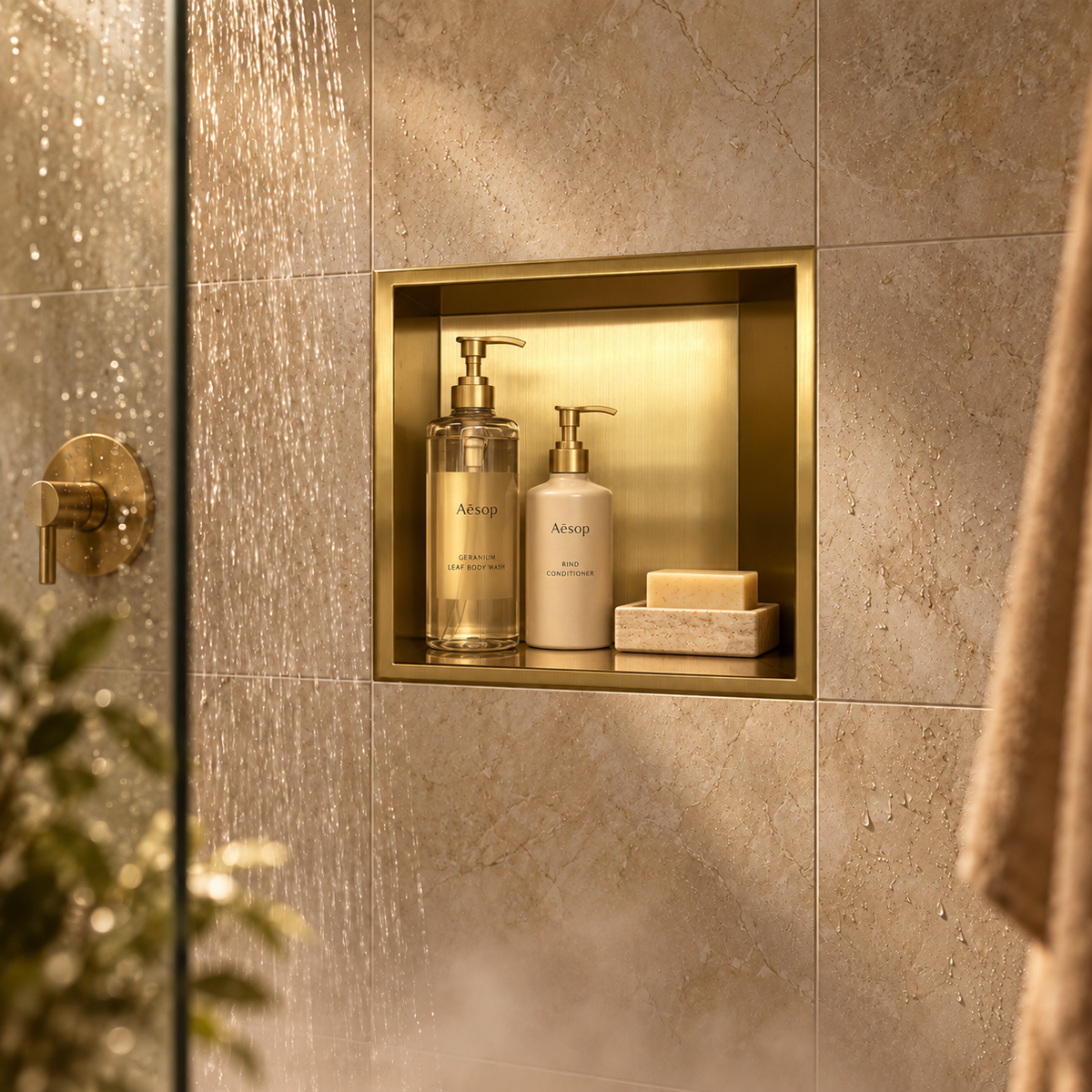 Ally wall niche, 12 × 12 in, gold PVD, recessed in a shower wall, bottles and soap stored inside