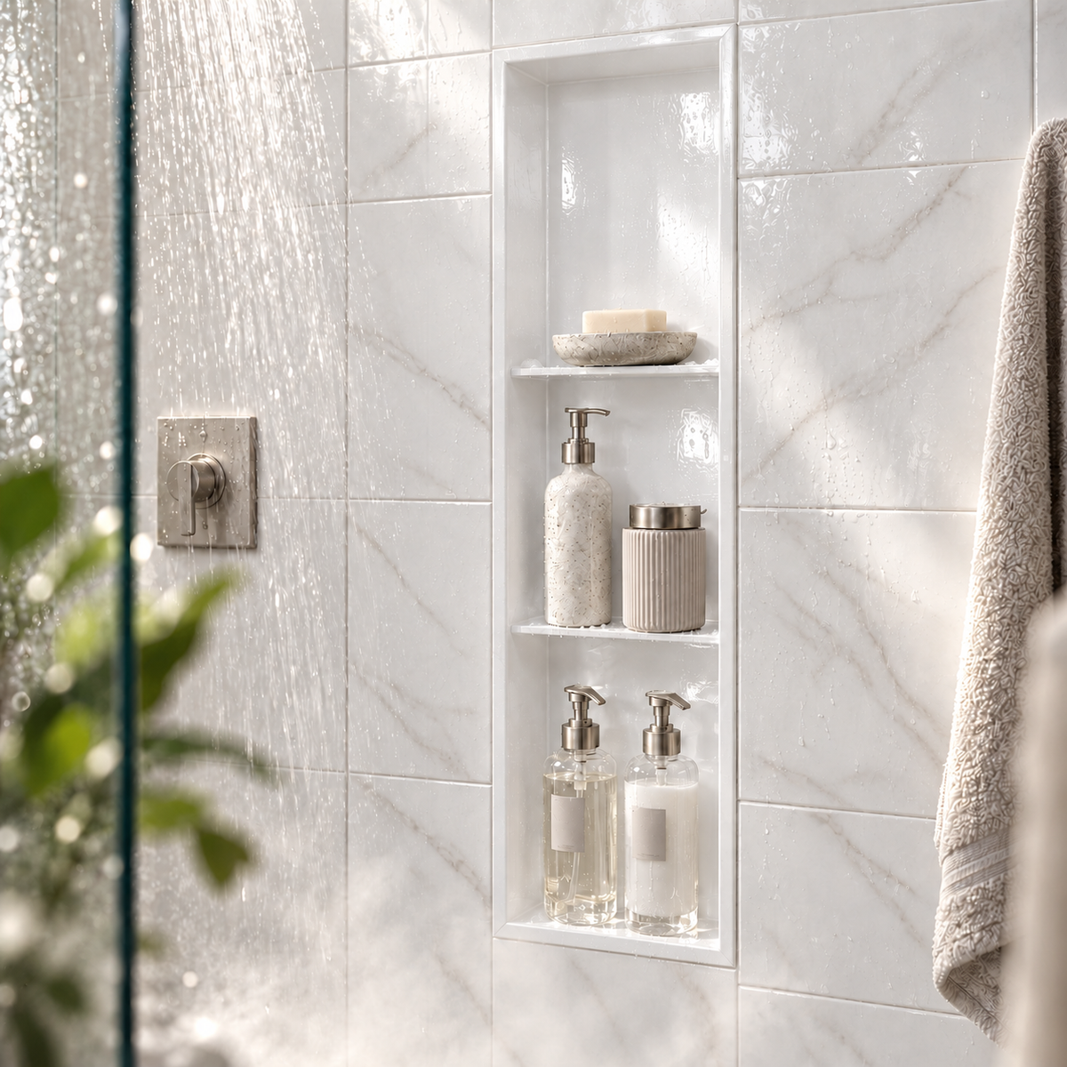 Ana wall niche, 36 × 8 in, glossy white, recessed in a shower wall, bottles and soap stored inside