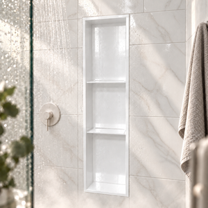 Ana wall niche, 36 × 8 in, glossy white, recessed in a shower wall, empty
