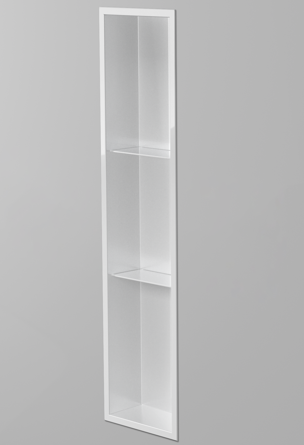 Ana wall niche, 36 × 8 in, glossy white, recessed in a plain gray wall, three-quarter view