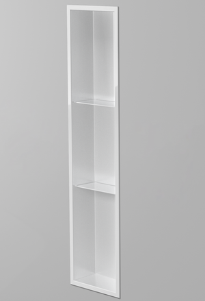 Ana wall niche, 36 × 8 in, glossy white, recessed in a plain gray wall, three-quarter view