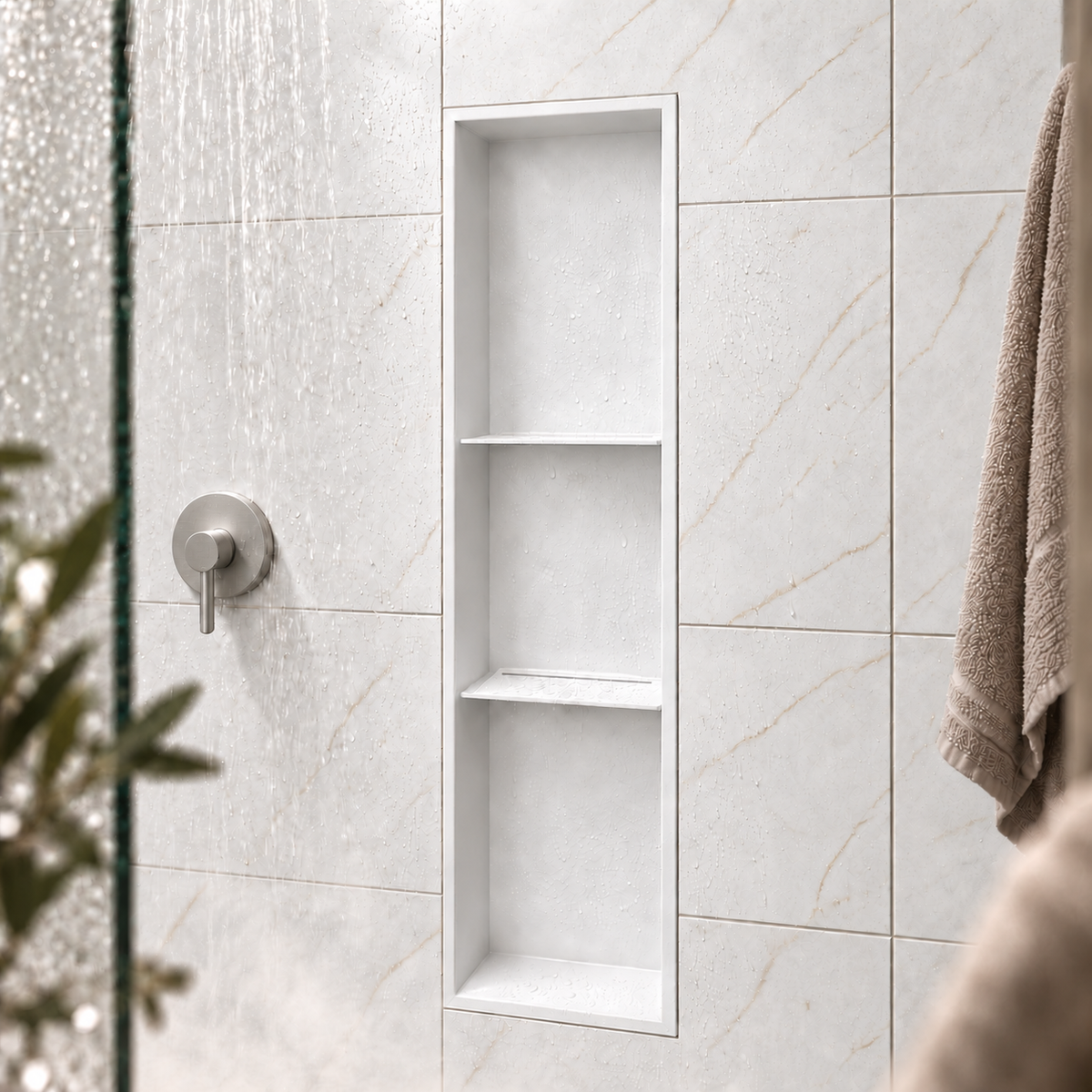 Ana wall niche, 36 × 8 in, matte white, recessed in a shower wall, empty