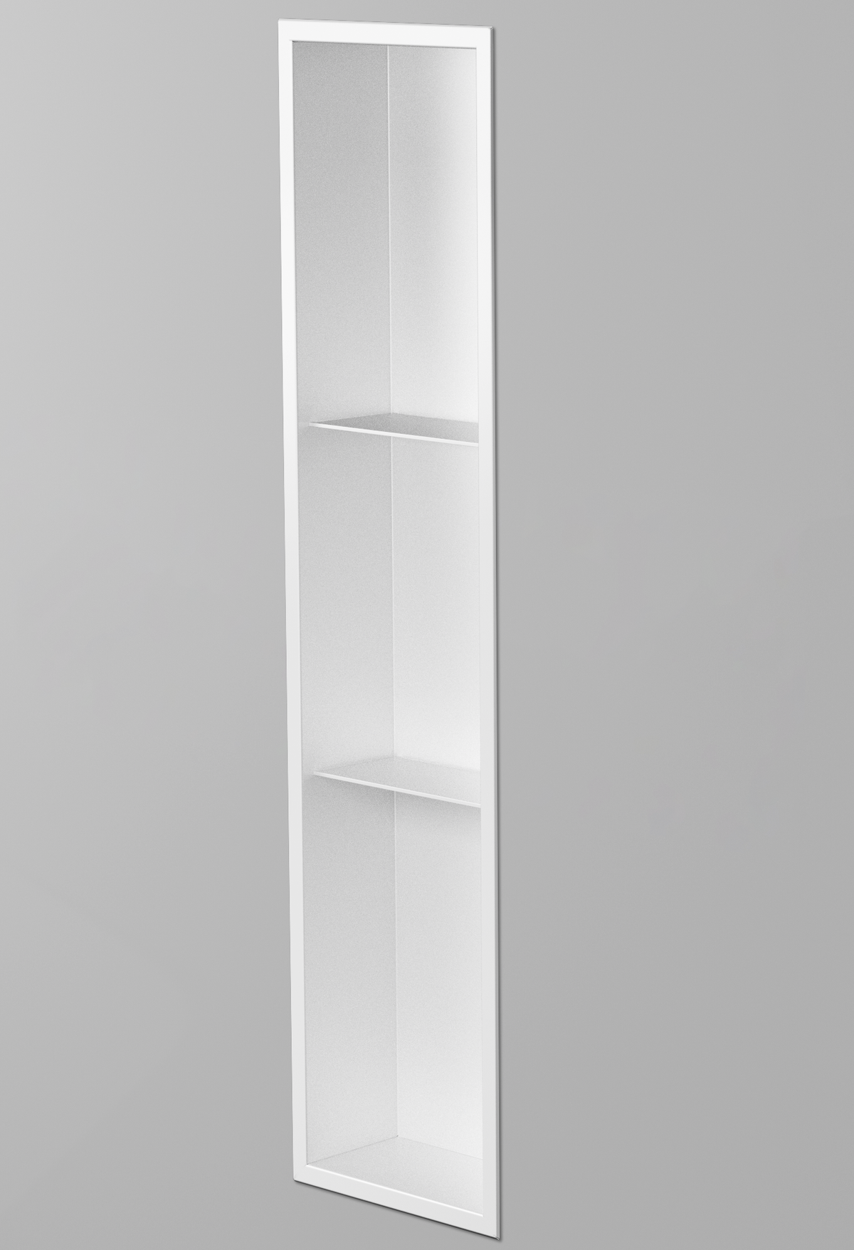 Ana wall niche, 36 × 8 in, matte white, recessed in a plain gray wall, three-quarter view