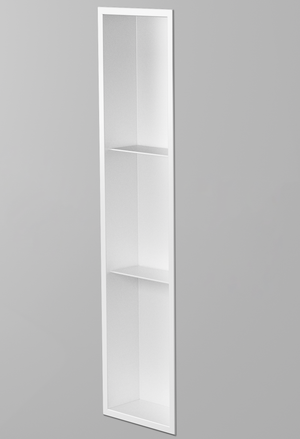 Ana wall niche, 36 × 8 in, matte white, recessed in a plain gray wall, three-quarter view