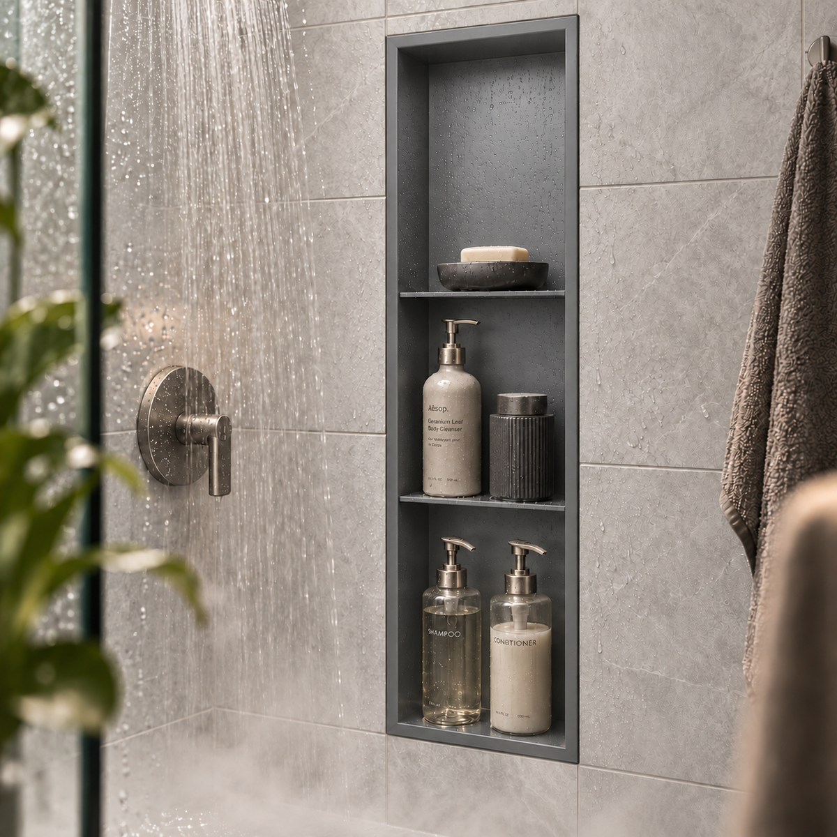 Ana wall niche, 36 × 8 in, matte gray, recessed in a shower wall, bottles and soap stored inside