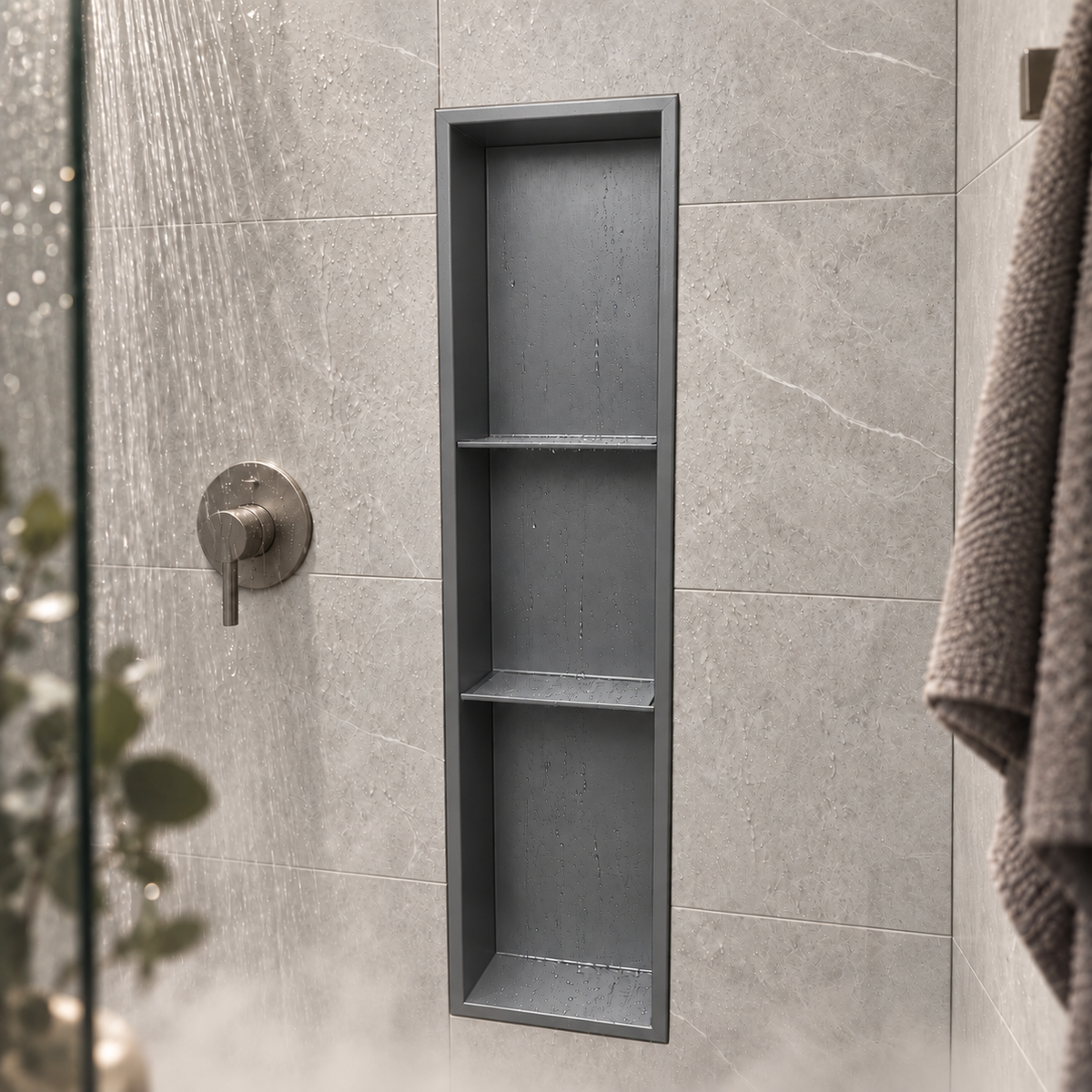 Ana wall niche, 36 × 8 in, matte gray, recessed in a shower wall, empty