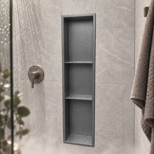 Ana wall niche, 36 × 8 in, matte gray, recessed in a shower wall, empty