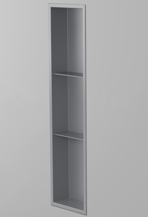 Ana wall niche, 36 × 8 in, matte gray, recessed in a plain gray wall, three-quarter view