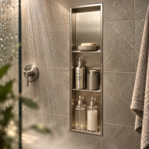 Ana wall niche, 36 × 8 in, brushed stainless steel, recessed in a shower wall, bottles and soap stored inside