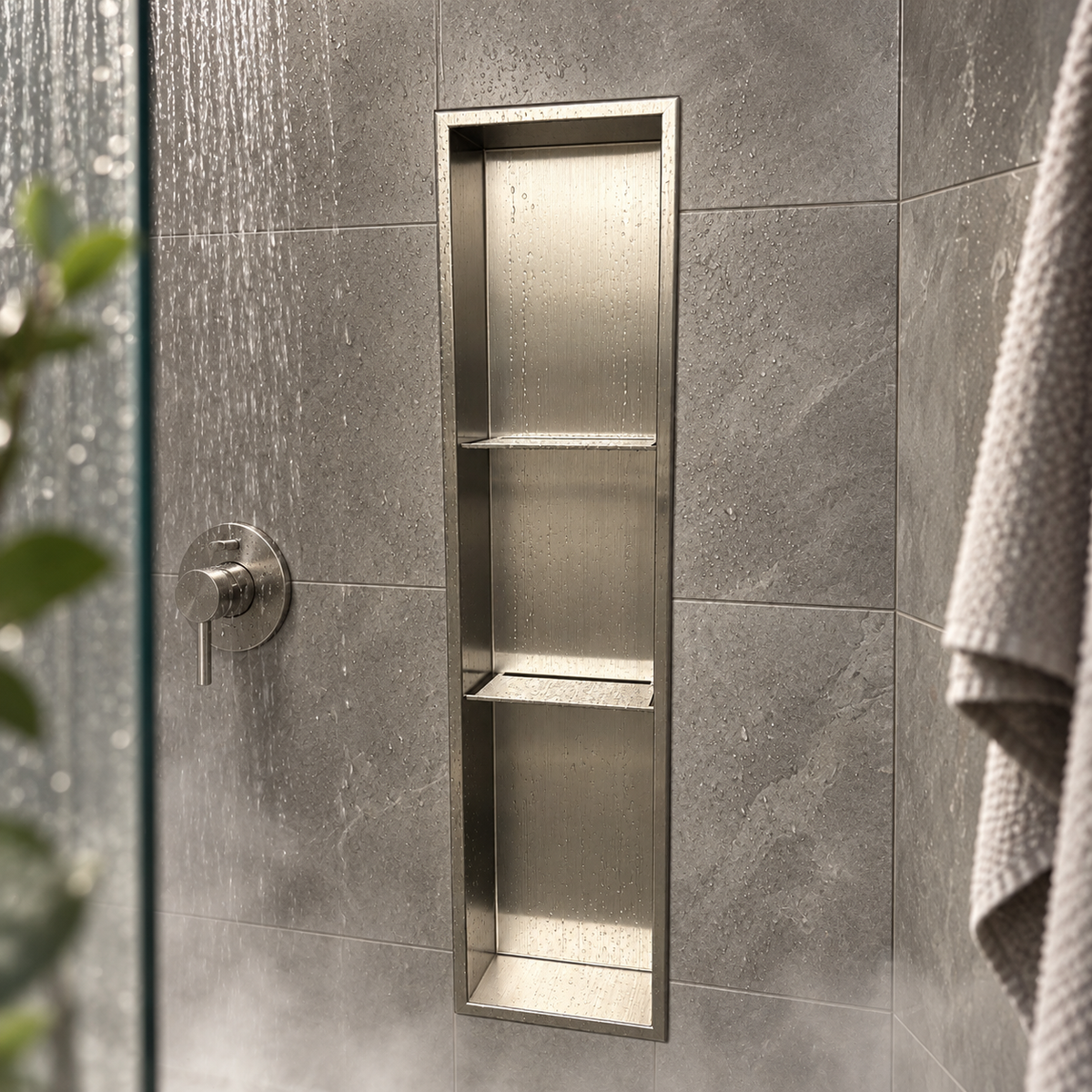 Ana wall niche, 36 × 8 in, brushed stainless steel, recessed in a shower wall, empty